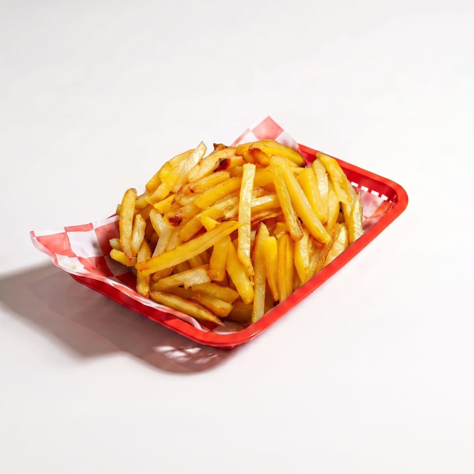 Golden French fries piled in a red basket lined with red-and-white checkered paper.