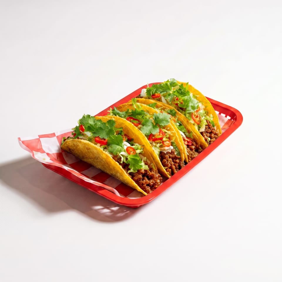 Several hard-shell beef tacos topped with lettuce, cilantro, and sliced red chilies on a red checkered serving tray.