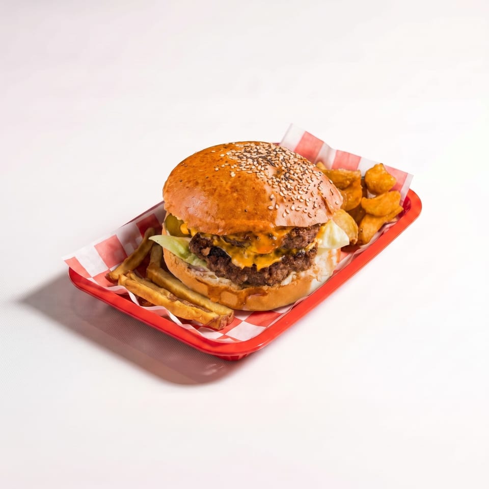 Double cheeseburger with lettuce and pickles served alongside fries and fried bites on a red checkered tray.